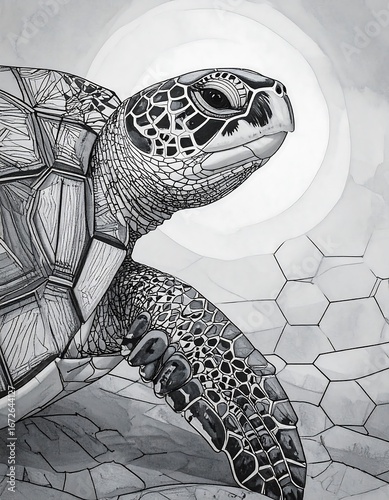Detailed grayscale turtle, sunlit