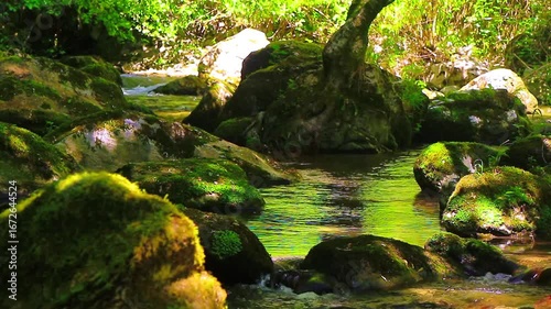 A 20-second still video of the Aude River in the Axat Valley. Water flows among rocks with small waterfalls in the forests of southern France.