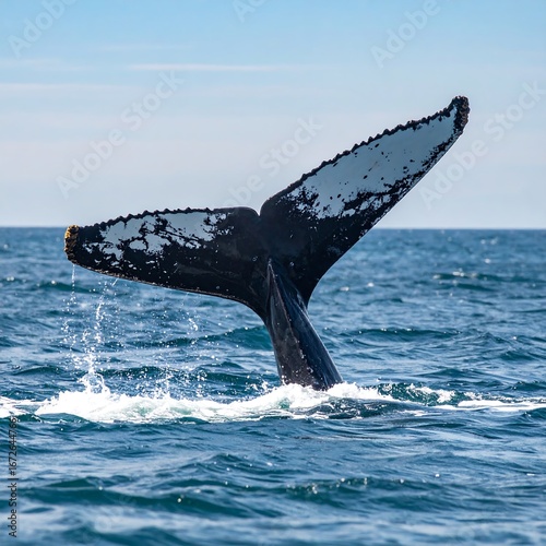A humpback whale's fluke gracefully rises from the ocean surface, showcasing its distinctive black and white markings in brilliant light.
