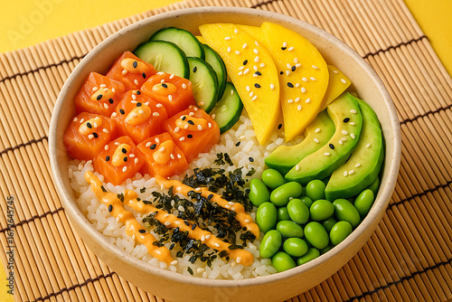 Japanese Rice Poke Bowl with Diced Salmon, Cheddar Sauce, Sliced Mango and Avocado, Sesame Seeds, and Cucumber Rounds – Vibrant Overhead Food Photography