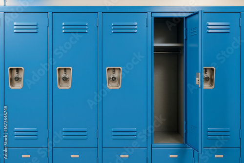Row of closed blue school lockers with one open, empty interior visible, symbol of student life, education system, storage, high school, organization, security, and daily academic routine 