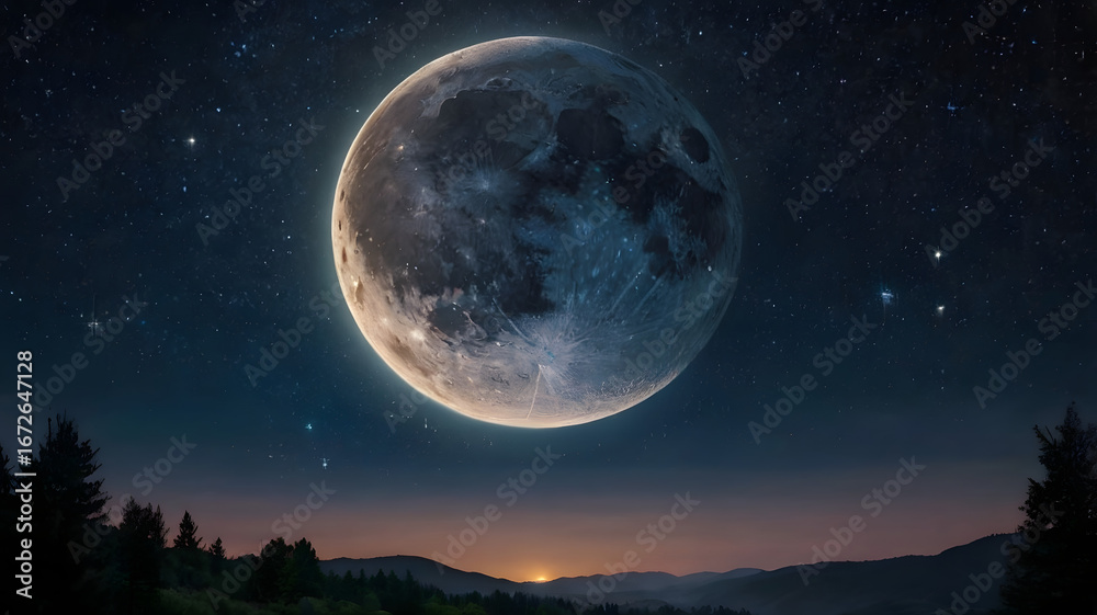 Fototapeta premium A magnificent full moon shines brightly in the starry night sky over a silhouetted landscape at dusk