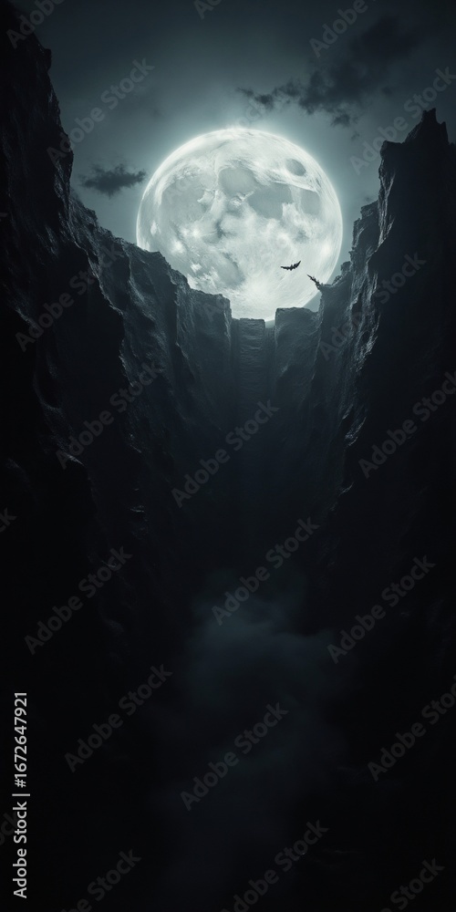 Fototapeta premium Luna llena espectacular sobre un cañón profundo con murciélagos, perfecta para conceptos de fantasía, góticos y de terror.