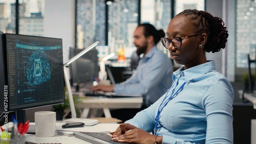 Equity analyst uses AI for companies earnings research to assess stock market value, taking notes. Trader conducts financial analysis to improve investments using artificial intelligence