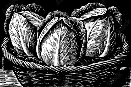 basket holding fresh lettuce with leafy details, natural organic healthy still life, elegant artistic composition black and white sketch