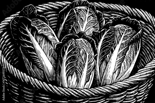 basket holding fresh lettuce with leafy details, natural organic healthy still life, elegant artistic composition black and white sketch