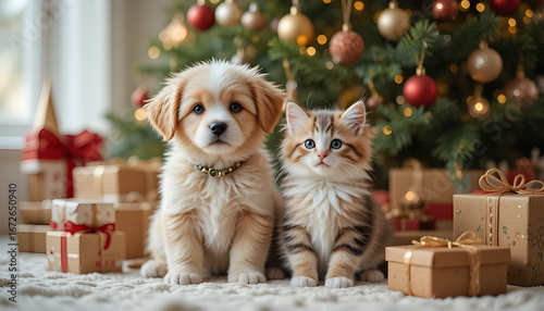 Wallpaper Mural Adorable Puppy and Kitten Posing by Christmas Tree with Gifts.A heartwarming image of a fluffy puppy and kitten sitting together in front of a beautifully decorated Christmas tree. Torontodigital.ca