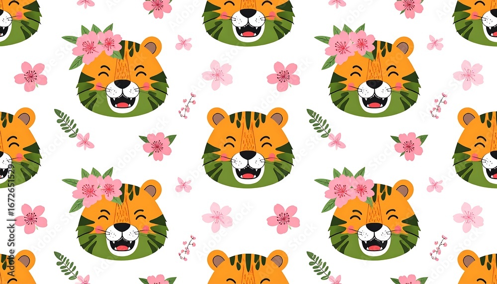 Fototapeta premium Cute Tiger Face Seamless Pattern with Pink Flowers and Leaves.