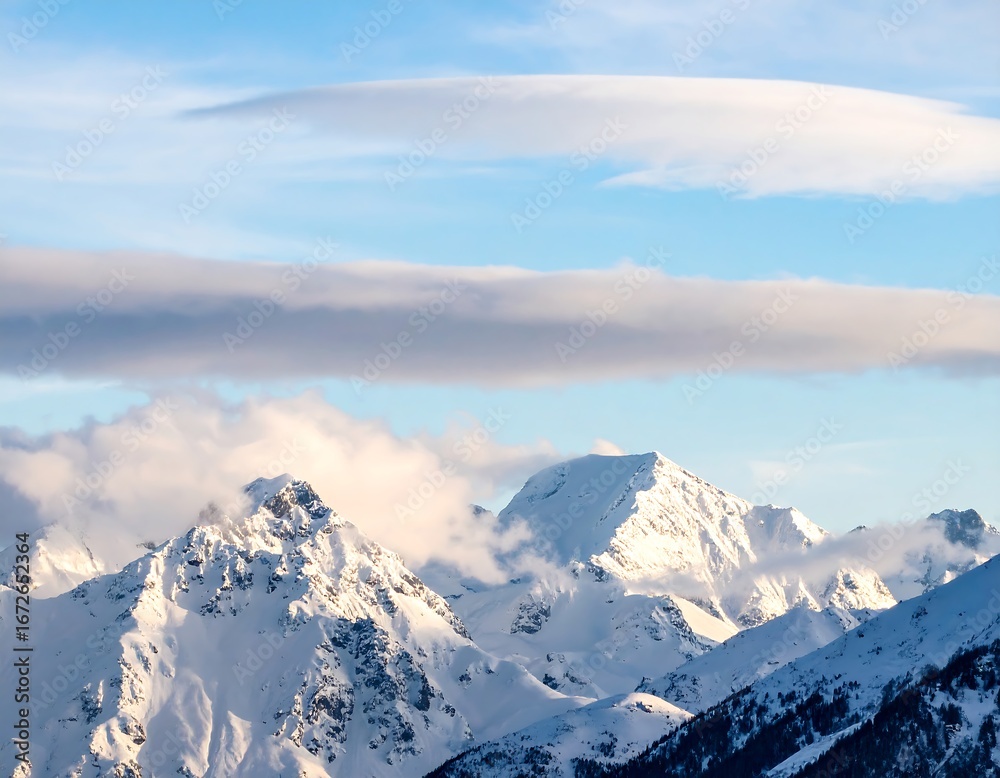 Fototapeta premium Majestic snow-capped peaks rise through a soft, ethereal sky blanketed by layered clouds.