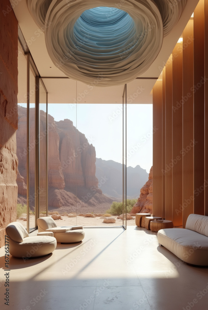 Fototapeta premium Ultra-photorealistic private cliffside mansion atrium featuring full-height frameless glass walls opening to an expansive ocean view.