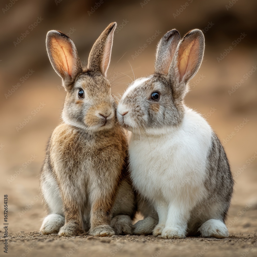 Obraz premium Two adorable rabbits sit together, gazing at the camera with soft expressions. Their fur is a mix of brown, gray, and white, showcasing their natural beauty. A testament to nature's delicate design.