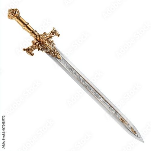 A detailed shot of an ornate sword with a golden hilt and intricately designed blade. The sword is a symbol of power and craftsmanship