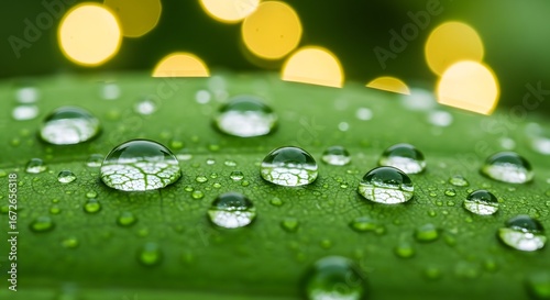Close Up of Water Droplets on Green Leaf with Blurred Yellow Bokeh Background