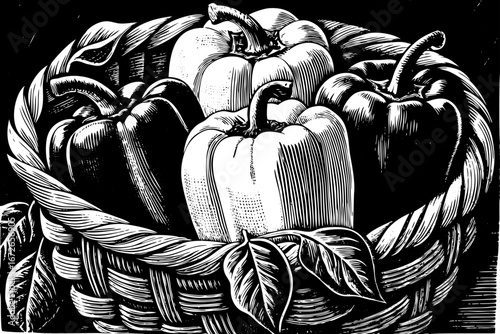 basket with fresh bell peppers decorated with leafy sprigs, organic healthy still life, elegant sketch black and white sketch