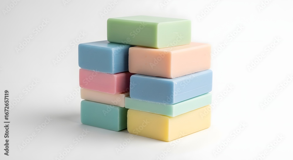 Fototapeta premium Colorful Pastel Soap Bars Stacked on White Background for Bathroom or Skincare Products