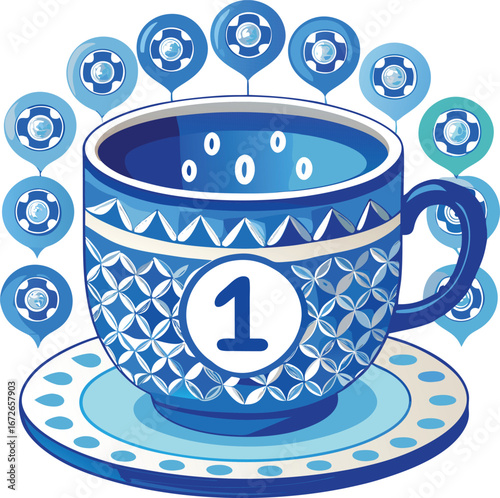 Chinese Singles Festival Elements Blue and White Porcelain Teacup with Number One and Decorative Balloons