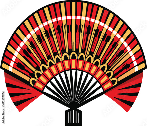 Chinese Singles Festival Elements Abstract Red and Gold Hand Fan with Cutlery Design, Elegant and