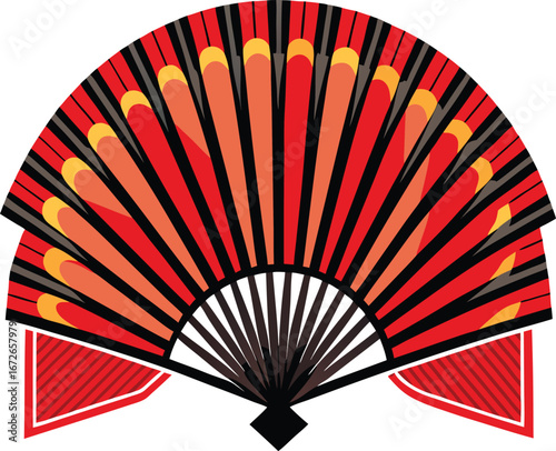 Chinese Singles Festival Elements Abstract Red and Black Hand Fan Illustration with Geometric Design Elements