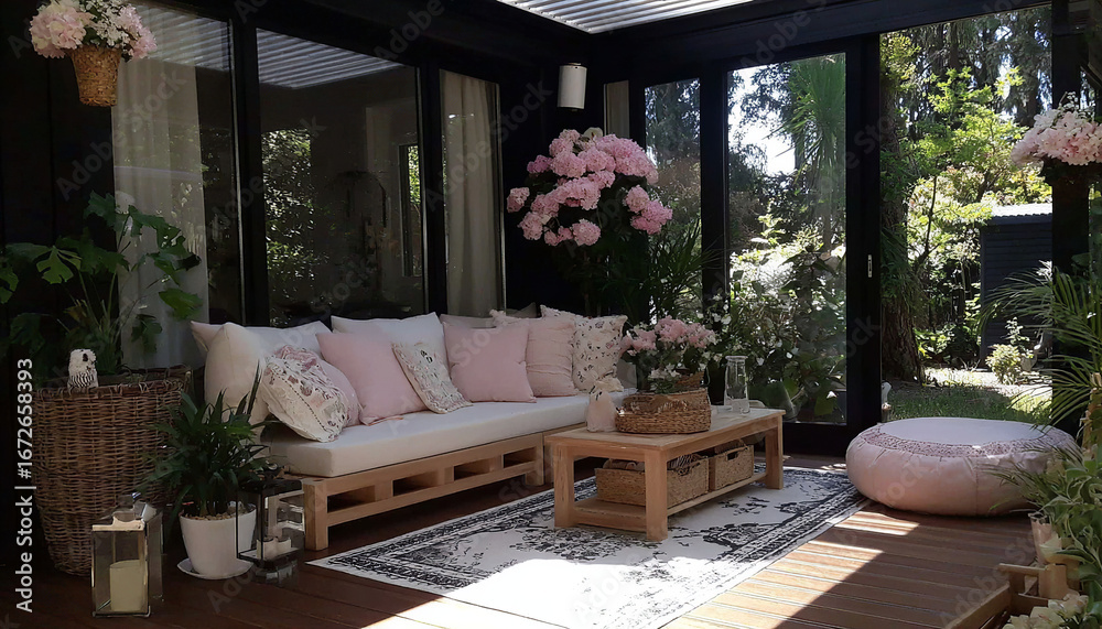 Fototapeta premium Relaxing environment: a deck decorated with contemporary furniture, plants, and art. Perfect for luxury advertising.