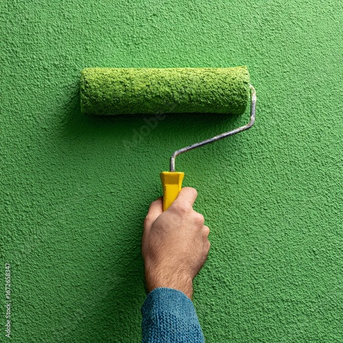 A person applying paint to a green wall with a roller