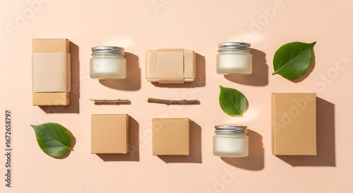 Eco-friendly Skincare Products with Natural Green Leaves and Kraft Packaging on Light Pink Background