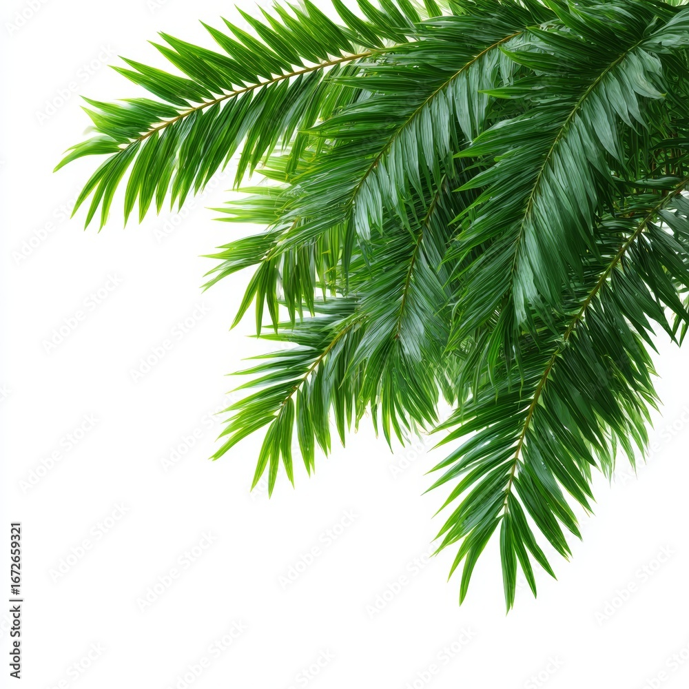 Fototapeta premium Palm leaves, lush and vibrant, showcasing intricate details, with fresh, green leaves