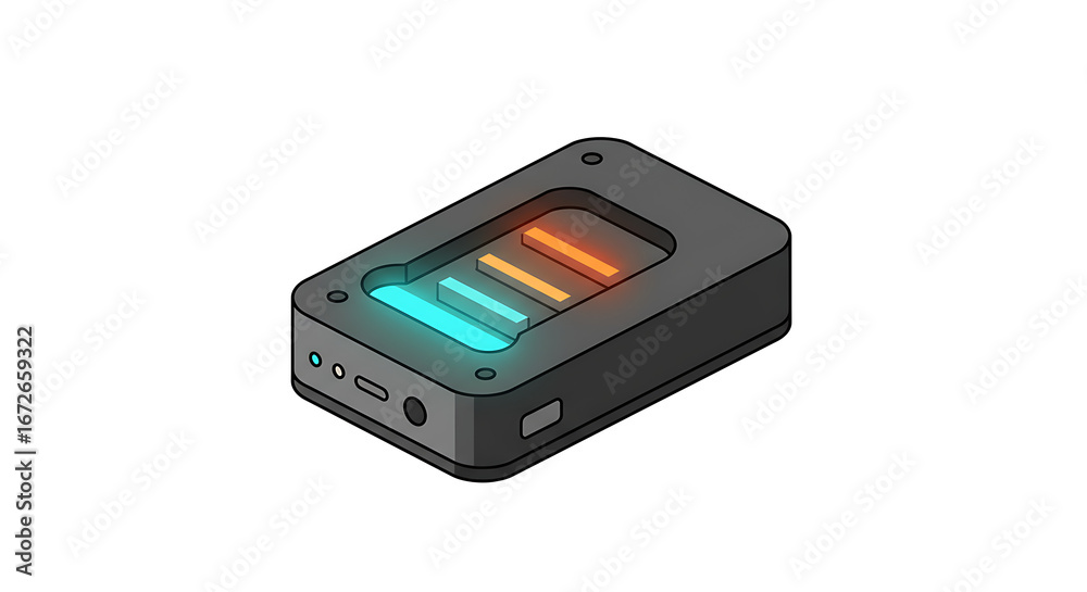 Fototapeta premium Tech Device with Neon Glow: An isometric view of a sleek, modern tech device featuring vibrant neon lights, hinting at cutting-edge technology and futuristic design.