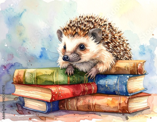 A charming hedgehog sits atop a stack of vintage books, showcasing delicate watercolor artistry and a serene, studious mood.
