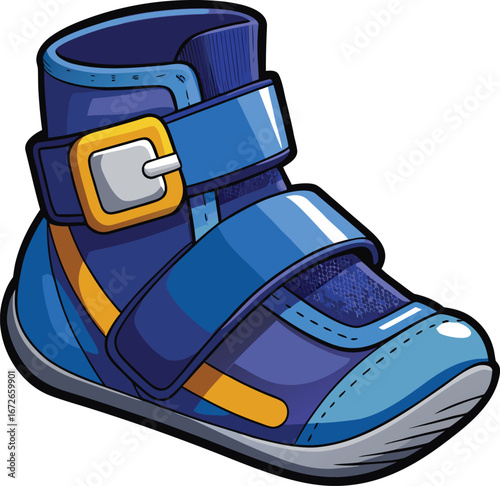 Fitness Solo Workout Graphics Stylish Blue and Yellow Cartoon Child's High-Top Sneaker with Buckle Closure