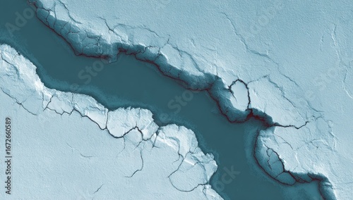 A textured surface, exhibiting deep fissures and a channel of muted blue, conveys a sense of barrenness and fragility.