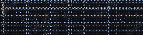 Futuristic digital matrix pattern with blue dots on black background.