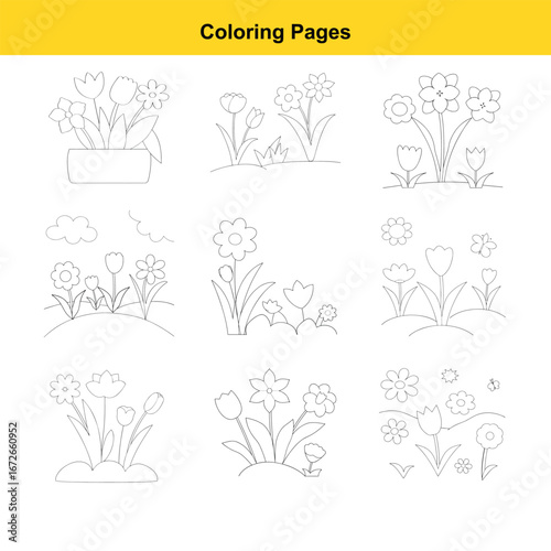 Nine outline illustrations of flower arrangements and garden scenes for coloring pages drawing flowers