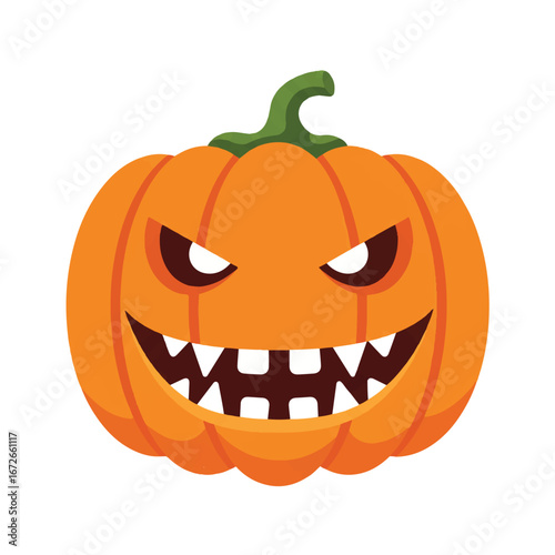 Vector illustration of a jack o lantern with a menacing expression on a white background for Halloween.