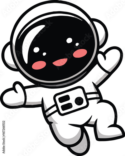 Illustration of a cute cartoon astronaut floating in space with a cheerful expression on a white background