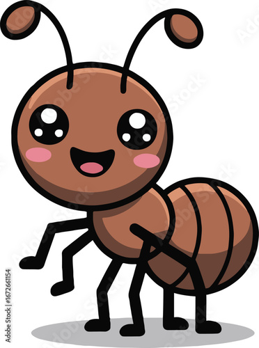 A cartoon ant with big eyes and a smile standing on a white background illustration image art