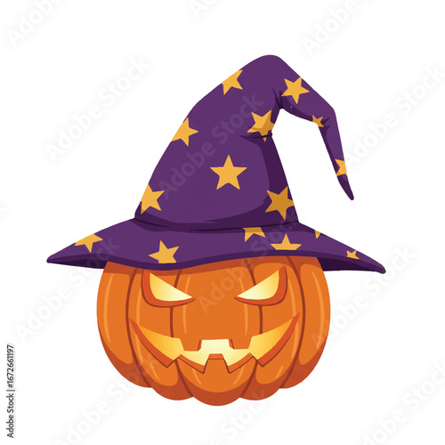 A jack o' lantern vector wearing a purple witch hat with yellow stars on a plain white background for Halloween.