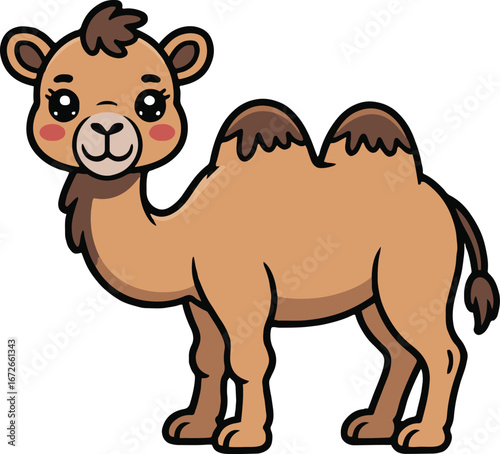 Cartoon illustration of a cute camel with two humps standing on a white background looking forward