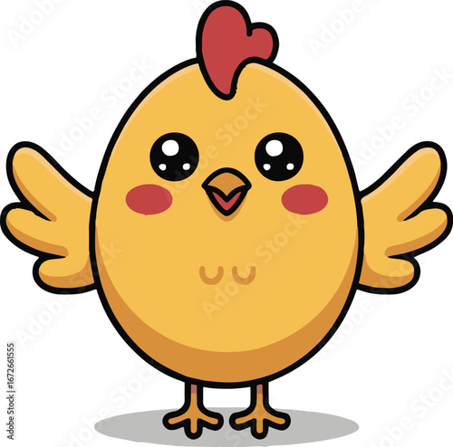 A cartoon chick with yellow feathers and a red comb standing on a white background with a small shadow
