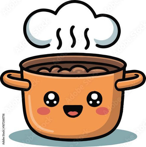 Cartoon illustration of a smiling orange cooking pot with steam rising above it on white