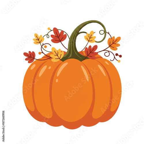 Vector illustration of an orange jack o lantern with colorful autumn leaves on a white background.