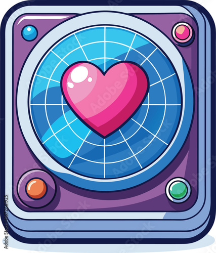 Online Dating App Graphics Futuristic Heart Rate Monitor Device with Pink Heart and Colorful Buttons.