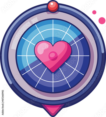 Online Dating App Graphics Cute Cartoon Heart Detected on Futuristic Radar System with Pink and Blue Color Scheme, Technology Icon