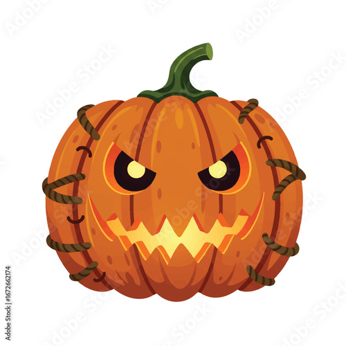 A spooky jack o' lantern vector illustration for Halloween with a menacing face and stitched skin on a plain white background.