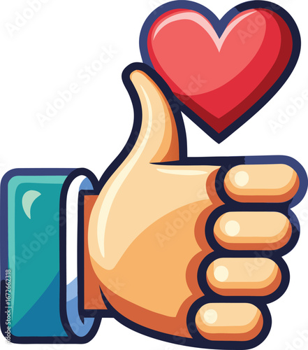 Online Dating App Graphics Cartoon Thumbs Up Gesture with Heart, Positive Feedback, Like Icon, Social Media, Approval, Appreciation, Hand, Vector