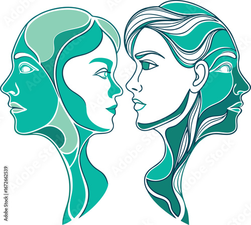 Online Dating App Graphics Abstract Teal and White Female Faces in Profile, Intertwined in a Heart Shape Design, Symbolic of