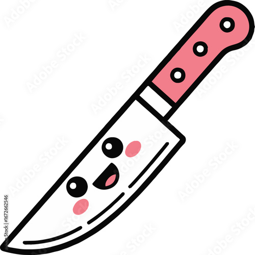 Cartoon knife with a pink handle and a cute face on the blade against a white background image