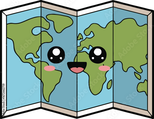 Illustrated world map with cartoon face and blush on a white background displayed in a folded style