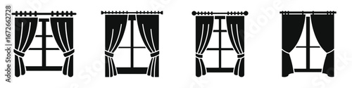 Set of four black window curtain icons with tied-back drapes and curtain rods, classic and modern window treatment silhouettes, home interior decor and design vector illustrations