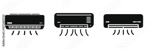 Set of three black air conditioner icons with cooling airflow symbols, modern HVAC system illustrations for home and office climate control, energy-efficient cooling units design