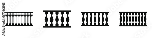 Set of four black balustrade icons with different classic and modern railing designs, architectural balcony and staircase railing silhouettes, decorative fence vector illustrations